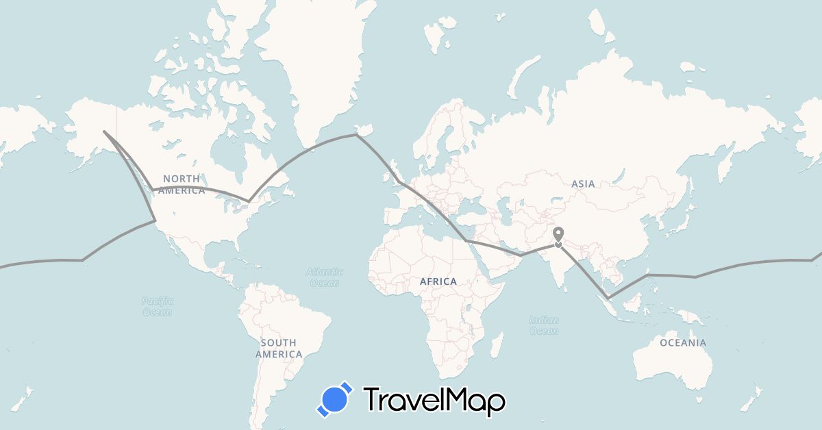 TravelMap itinerary: driving, plane in Canada, Egypt, United Kingdom, India, Iceland, Malaysia, Oman, Philippines, United States (Africa, Asia, Europe, North America)